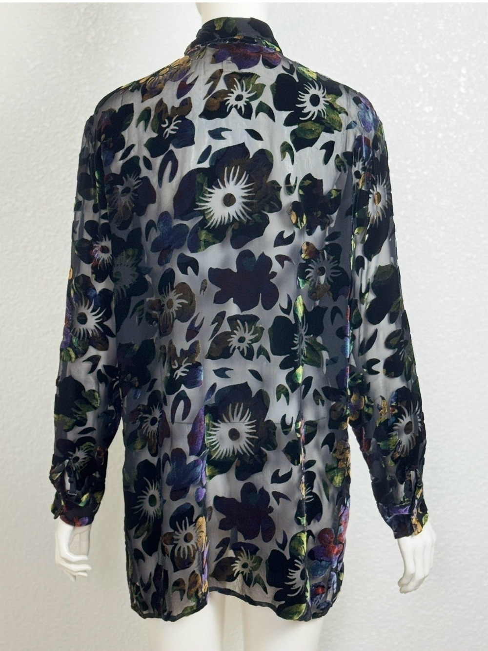 Paolo Santini Sheer Floral Velvet Burnout Button-Up Blouse Black Multicolor S 10